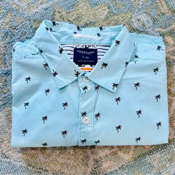 Denim & Flower Ricky Singh Mens Palm Tree Teal Collared Shirt Sz L slim fit NWOT - Picture 9 of 11